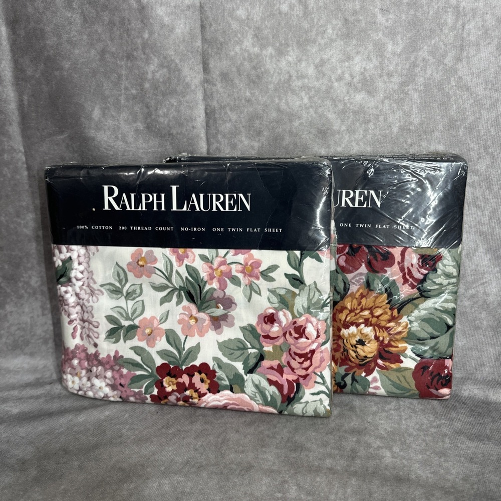 2 Vintage Ralph Lauren Cotton Allison Floral Flat Twin Sheet — NOS Made in USA